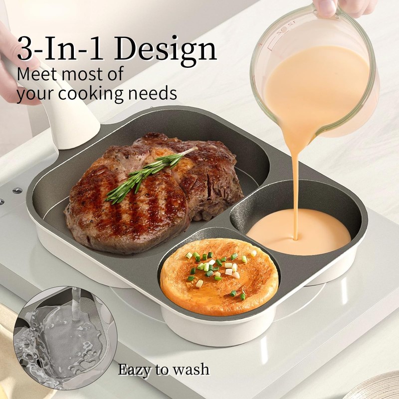 3-Cup egg frying pan, 3-in-1 cup design, raised handle, non-stick