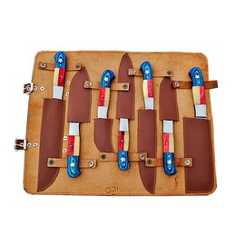 Smart & Sharp Custom Handmade Damascus Chef Knives Set/Kitchen Knives 7 Pieces Set SS-17309, (Red, Blue Wood and Bone)