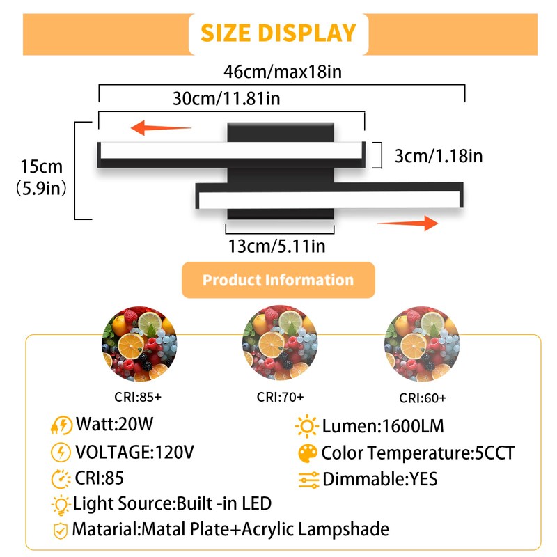 NOVELUX 18 Inch LED Bathroom Vanity Light Bar,5CCT Optional Over