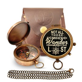 ANTIQUANA Brass Compass Unique Print 'Not All Those Who Wander are Lost' Engraved Compass with Leather Case and Chain A Great Gift Item for Your Loved One
