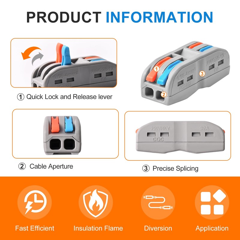 Wire Connectors Nuts, 50pcs 2 Conductor Compact Splicing Wire Connectors,