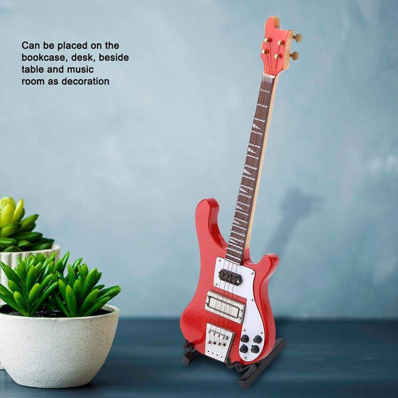Hilitand Red Miniature Bass Guitar Wood Replica Model Ornament with