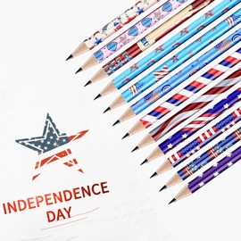 EMPCYDIA American Flag Themed Wood Pencils with Eraser, 48pcs Patriotic Pencils in 12 Designs, USA Flag Gifts Pencil for 4th of July USA Independence Day Parades Party Favors School Office Supplies
