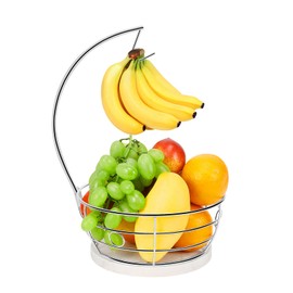 Livabber Countertop Fruit Basket Bowl with Banana Hanger, Modern Standing Fruit Vegetable Bowl Storage, with Banana Tree Holder for Kitchen Dinning Table (Round Marble, Chrome)