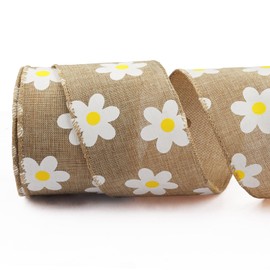 Flower Ribbons for Wreath Bows Wrapping Gifts, Daisy Floral Brown Ribbons for Decoration DIY Crafts, 2.48" X 10 Yards Spring Wired Edge Burlap Floral Ribbon