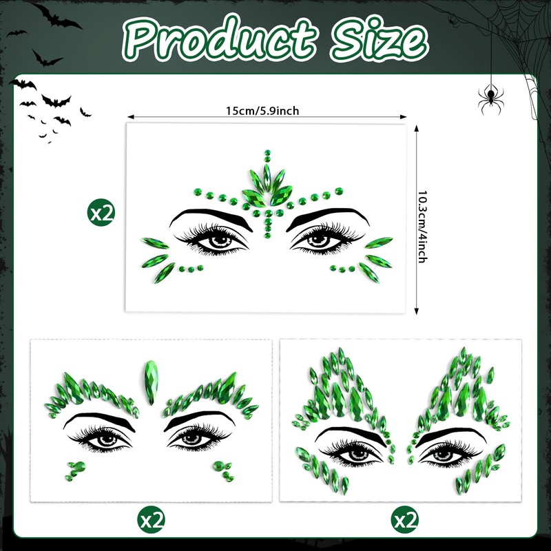 6 Pcs Green Face Gems Jewels Halloween Ivy Stickers Accessories