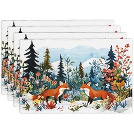 Fox Animal Placemats Set of 4 Winter Forest Landscape Fox Place Mat Machine Washable Place Mats for Dinner Table Mats 4 PCS