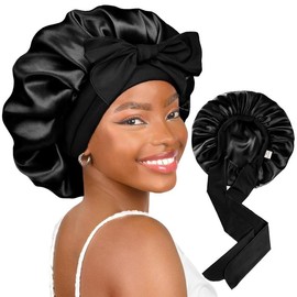 Satin Bonnet Silk Bonnet for Sleeping Double Layer Ajustable Satin Bonnet for Women Men for Curly Natural Hair with Tie Band Black Haircare - Colour: beanpastepink