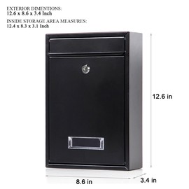 Locking Mailboxes Wall Mounted Vertical – Jssmst Key Lock Drop Mail Box Medium Capacity Galvanized Steel Cover Rust-Proof Metal Post Box, 12.6 x 8.5 x 3.4 Inch, Black, SM-0601L