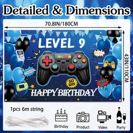 9th Birthday Party Decorations Banner - Blue Gaming Decoration Backdrop Boys Girls, Happy Birthday Background for Gamer Theme 9 Years Old Party Supplies
