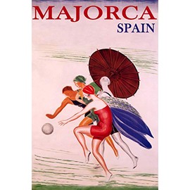 WONDERFULITEMS Majorca Spain Summer Beach Happy Women Playing Ball Sun Umbrella Travel 20" x 30" Image Size Vintage Poster repro on Matte Paper. We Have Other Sizes