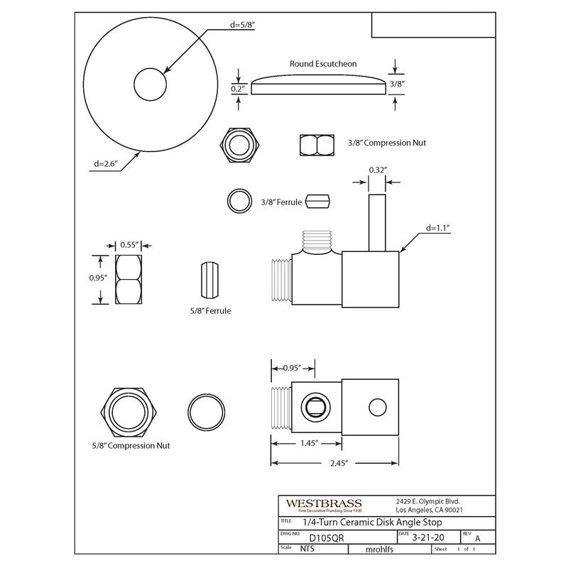 Westbrass A105QR-26 Round Lever 1/4-Turn Angle Stop 1/2" Copper x