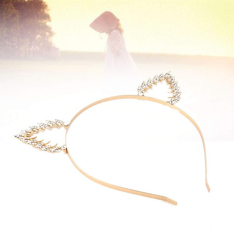 Lurrose Cat Ears Crystal Leaf Shape Gold Hard Headband Headband