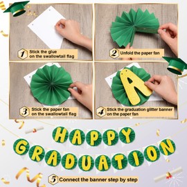 TaoBary Happy Graduation Banner Class of 2025, Include Glitter Banner, Paper Fan, Swallowtail Flag, 2025 Congratulation Grad Party Decoration for Home College High School(Green Gold)