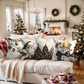 SEGXCFL Christmas Throw Pillow Covers 18x18 Set of 4 Luxurious Velvet Pillow Covers Snowman Tree Santa Decorative Black Gold Pillowcover for Couch Sofa Livingroom Outdoor Christmas Home Decor