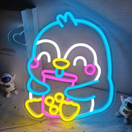 Vveikea Penguin Bubble Tea Neon Sign Dimmable Boba Tea Led Sign Milk Tea Neon Light Sign Bubble Light Up Signs for Wall Decor Cafe Coffee Bar Drink Shop Dessert Store