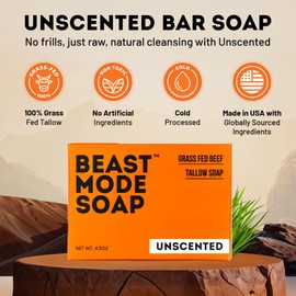 Beast Mode Soap for Men, Unscented, 2-Bar Pack – Minimal-Ingredient Grass-Fed Tallow + Water Bar Soap, Sensitive-Skin Safe, Handcrafted in USA