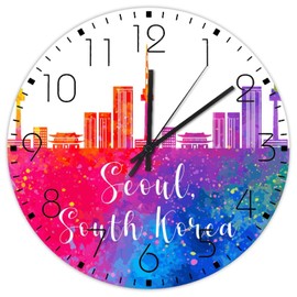 Autravelco Wood Wall Clock Round Silent Non-Ticking South Korea Seoul Country Wall Clocks Colorful City Skyline Wall Decor for Entryway Patio Pool 12 Inch