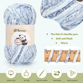Reessy Chenille Yarn 400g(4×100g), Super Soft Chunky Wool Set, Thick Yarn for Crochet and Knitting Clothes, Handbag, Blankets, DIY- Ideal for Beginners Adults(Ice Blue)