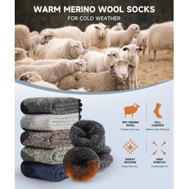 YUTYTH Merino Wool Socks Mens - 5 Pairs Thick Winter Wool Hiking Socks, Warm Thermal Mens Crew Socks Breathable Moisture-Wicking Outdoor Boot Socks (7-11)