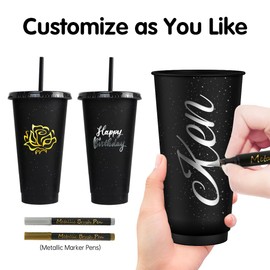 Olavon 24 Pcs Plastic Tumbler with Lid and Straw, 24 oz Reusable Coffee Cups Set, Tumbler Bulk for Beach Party Travel Employee Picnic Holiday (Black)