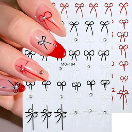 Bow Nail Art Stickers Decals 5D Embossed Self Adhesive Nail Decals Black Red Bow Nail Stickers for Nail Art with Rhinestone Nail Design Valentine's Day Nail Stickers for Women
