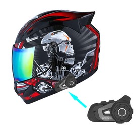 1Storm Motorcycle Bike Full Face Helmet Mechanic + Motorcycle Bluetooth Headset: Skull Red