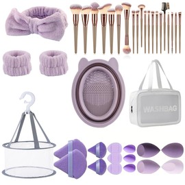 Un set de brochas de maquillaje para cara y ojos de 40 piezas que incluye 20 brochas, cinta para el pelo, 2 pulseras, 4 huevos de esponja de belleza  