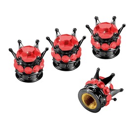 Crown Tire Valve Stem Caps, 4Pcs Handmade Bling Rhinestone Car Stem Air Caps Cover, Dustproof Tire Valve Caps for Bike Motorcycle Wheels, Auto Exterior Accessories for Girl Women (Black/Red)