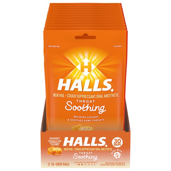 HALLS Throat Soothing Honey Flavor Cough Drops, 12 Bags of 30 Drops (360 Total Drops)