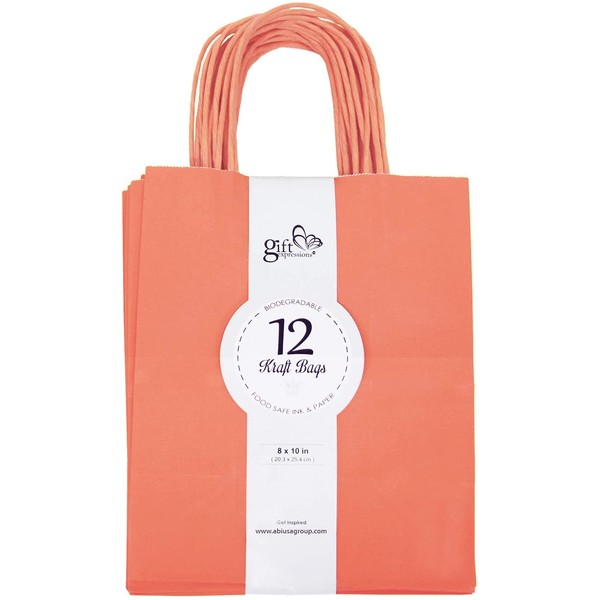 12CT Medium Coral Biodegradable, Food Safe Ink & Paper Kraft, Premium Quality Paper (Sturdy & Thicker), Bag with Colored Sturdy Handle (Medium, Coral)