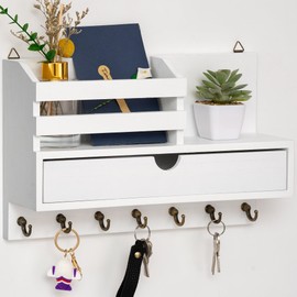 dreampossible Key and Mail Holder for Wall, Mail Organizer Wall Mount with 6 Hooks and Storage Drawer, Wooden Key Rack Hanger with Shelf for Entryway and Home Decor