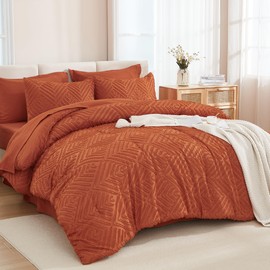 Andency Queen Comforter Set Burnt Orange - 7 Pieces Bed in a Bag Queen Boho Terracotta Beddding Comforter Sets, Rust Tufted Bed Set with Comforter, Sheets, Pillowcases & Shams