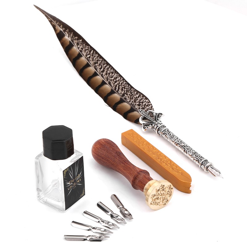 Feather Metal Nibs Quill Dip Pen Ink Set with Sealing