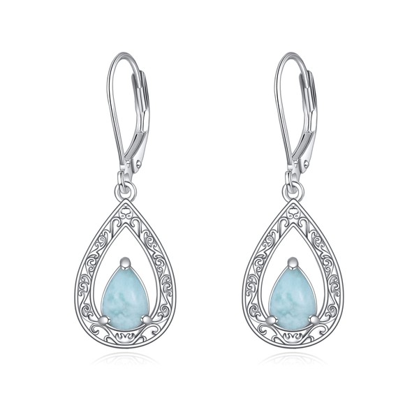 VONALA Filigree Larimar Earrings 925 Sterling Silver Larimar Leverback Earrings