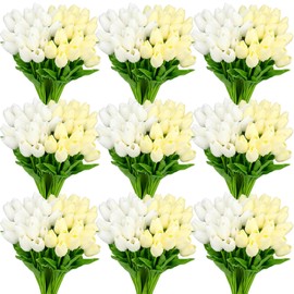 Jutom 96 Pieces Multicolor Artificial Tulips Flowers Faux PU Fake Tulip for Easter Spring Wreath Real Touch Flower Arrangement for Spring Wedding Easter Decor, 13.8''(White, Cream)