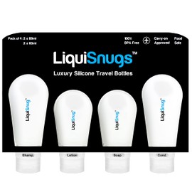 LiquiSnugs Premium - 100% Guaranteed Leak Proof Silicone Travel Bottles For Toiletries - TSA Approved Container. Premium Range Travel Shampoo Bottles with Suction Cups and Adjustable Labels