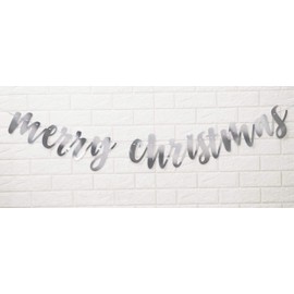 Inkdotpot Ready to Hang Merry Christmas Party Decorations Cursive Bunting Garland Flag Metallic Silver Pre Strung Banner