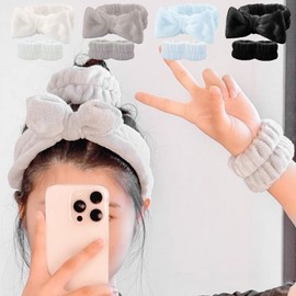 Cute Ribbon Hairband & Wristband Set for Face Washing and Shower 01. White/FREE 3ea