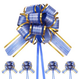 M METERXITY 10-Pack Large Pull Bow, 6 Inch 15cm Plastic Tree Stripes Gold Edge Ribbon Pull Bows Ribbon Bows for Gift Wrapping/Wedding/Baskets Decorations, Satin Pull Bows [Blue Gift Bow]