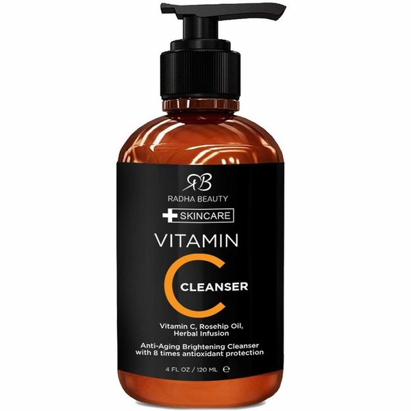 Radha Beauty Vitamin C Facial Cleanser, 4 fl. oz - Clear Pores on Oily, Dry & Sensitive Skin, Anti-Aging Herbal Infusion for 8 Times Antioxidant Protection