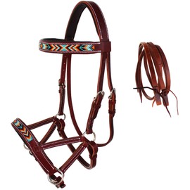 CHALLENGER Horse Western Leather Beaded Bitless Sidepull Bridle Reins 77RS22MG-F