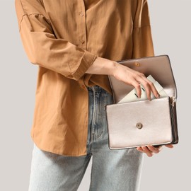 SUIKIHUM Credit Card Slim Wallet for Women and Men, PU Leather Card Holder with Keychain Ring - 14 Slots & 1 ID Window & 1 Zipper Pocket, Beige