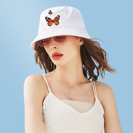 XYIYI Fashion Embroidered Fishing Hats Cotton Beach Sun Hat Fishing Cap for Women Teenagers, White butterfly