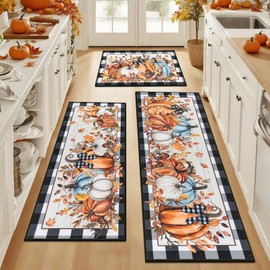 SHACOS Black and White Checkered Fall Pumpkins Kitchen Rug Sets of 3 Non Slip Washable Kitchen Mats for Floor Gnome Maple Leaves Orange White Blue Pumpkins Farmhouse Plaid Carpet for Hallway Entryway