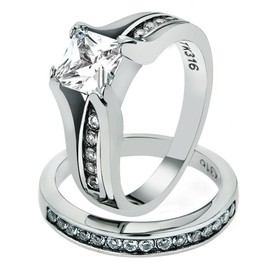 Marimor Jewelry 2.10 Carat Princess Cut Zirconia Stainless Steel Wedding Ring Set Women's Size 10