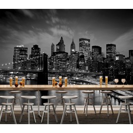 WFBHUA-Brooklyn Bridge Wall Mural Black New York City Landscape Photo Wallpaper for Living Room Bedroom(Not Peel and Stick)