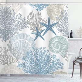 Nautical Coastal Shower Curtain Sets with Rugs,Non Slip Rug,Bath Mat Ocean Beach Marine Underwater Seashell Starfish Themed Bathroom Set Waterproof Polyester Cloth Fabric Shower Curtain For Bathtub