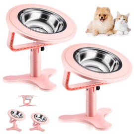 Elevated Cat Bowls Adjustable Cat Bowl Stand,Non-Slip Raised Cat Bowls Stainless Steel Raised Cat Bowls with 15°Tilted Stand for Cats and Puppy Pink-2 Pack