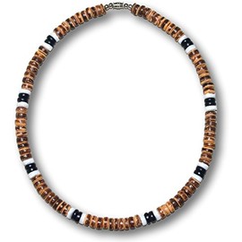 Native Treasure 14" Mens and Womens Tropical Summer Beach Surfer Necklace From the Philippines, Brown Coconut Beads and White Ark Shells